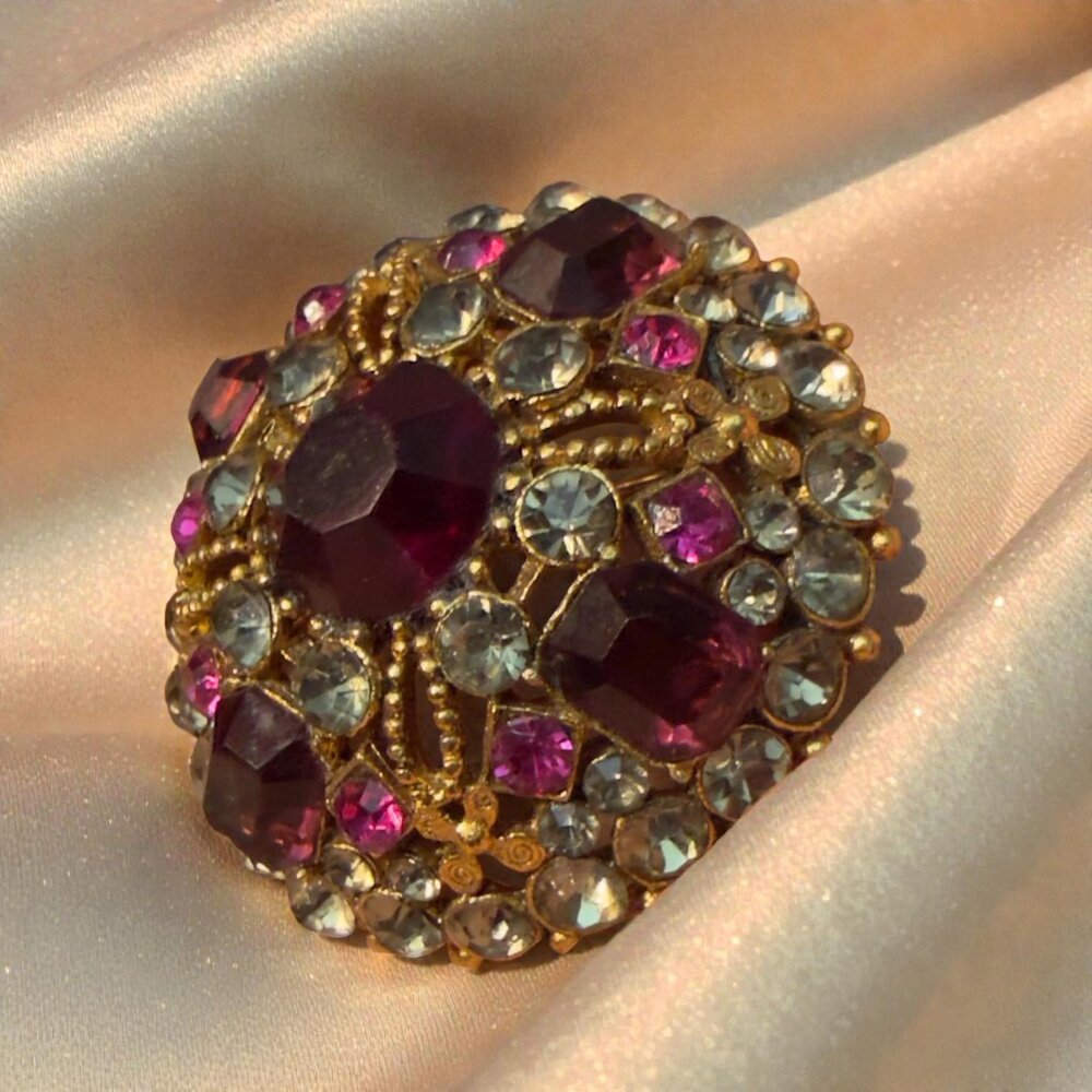 Capri Rhinestone Dome Brooch Gold Tone Deep Garnet Pink Statement – 1.9”